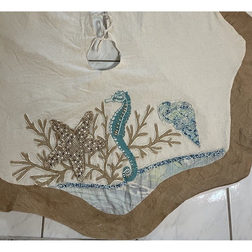 Coastal Collection Christmas Tree Skirt Beach Beaded Seahorse Starfish Burlap
